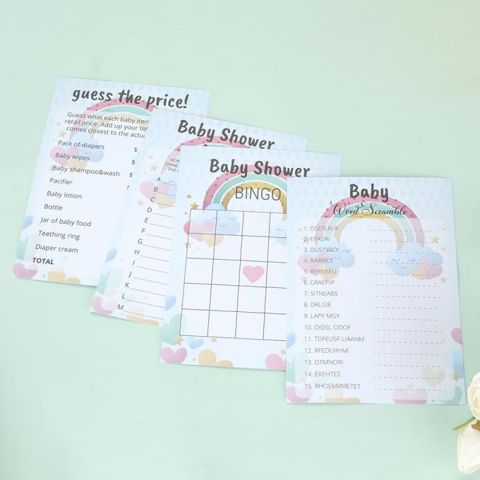 100 Gäste Doppelseitig gedruckt 5*7 Zoll 4 Spiele Geschlechtsneutral Baby Dusche Party Spiele 3