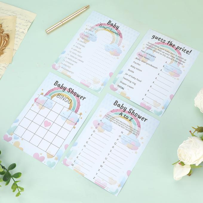 100 Gäste Doppelseitig gedruckt 5*7 Zoll 4 Spiele Geschlechtsneutral Baby Dusche Party Spiele 4