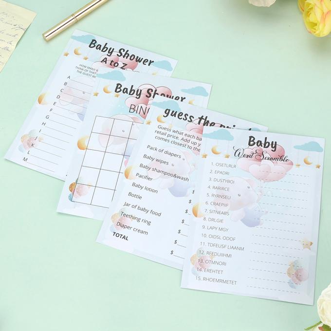 100 Gäste Doppelseitig gedruckt 5*7 Zoll 4 Spiele Geschlechtsneutral Baby Dusche Party Spiele 7