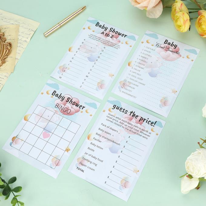 100 Gäste Doppelseitig gedruckt 5*7 Zoll 4 Spiele Geschlechtsneutral Baby Dusche Party Spiele 6